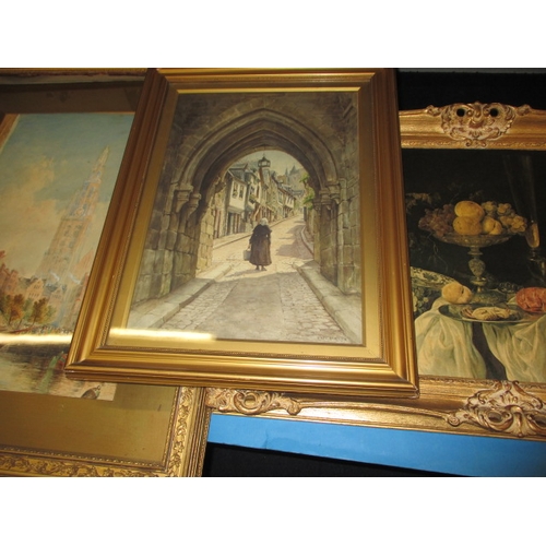 296 - Three large vintage pictures in gilt frames, the largest approx. 91x74, the harbour scene signed Dav... 