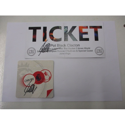 302 - A Pot Black at Clacton ticket, hand autographed and a signed beer mat, signed by Ronnie O'Sullivan