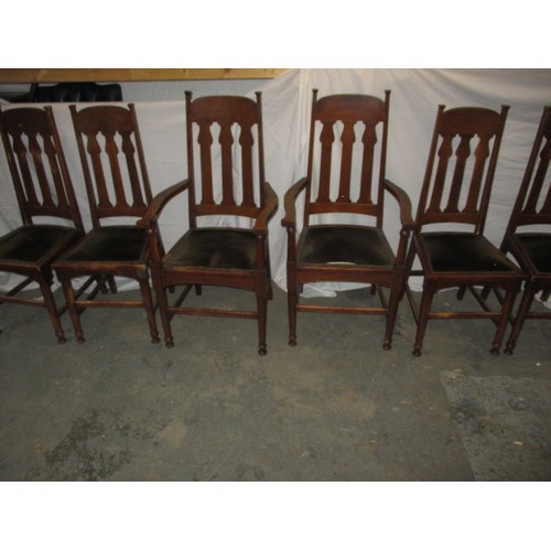 56 - A set of 6 (4+2) arts and craft oak chairs in the manner and probably by Shapland & Petter of Barnst... 