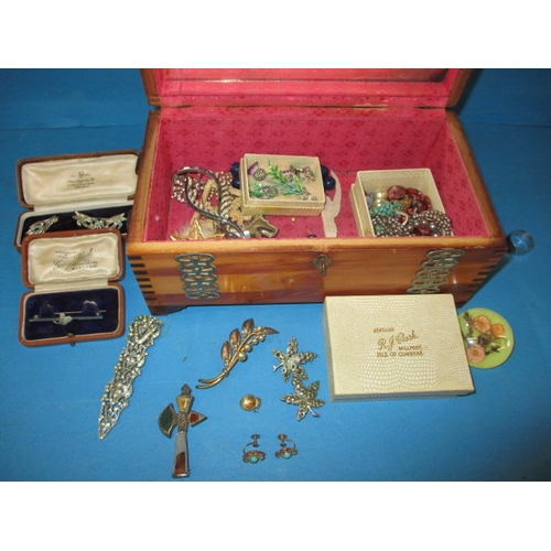 245 - A vintage jewellery box with contents, to include Scottish items and a pair of 9ct gold and turquois... 