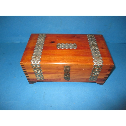 245 - A vintage jewellery box with contents, to include Scottish items and a pair of 9ct gold and turquois... 