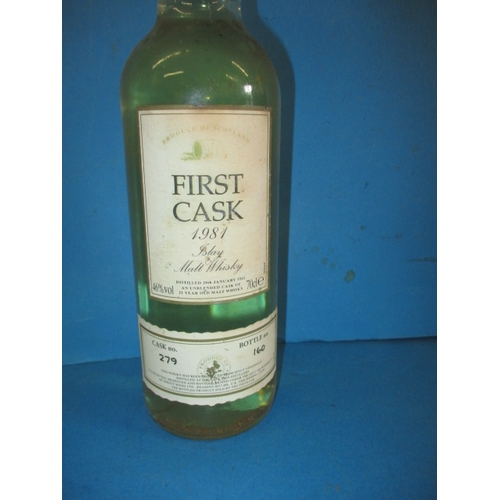 338 - A bottle of 1981 Islay first cask whisky, cask no 279 bottle no 160, settled low neck