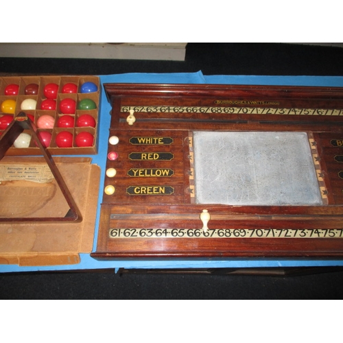 325 - A parcel of antique Burroughes & Watts snooker accessories, to include a boxed set of crystalate bal... 