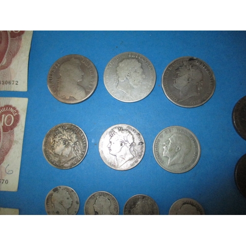 205 - A parcel of Georgian and later coins, to include silver examples and a quantity of 10 shilling notes... 