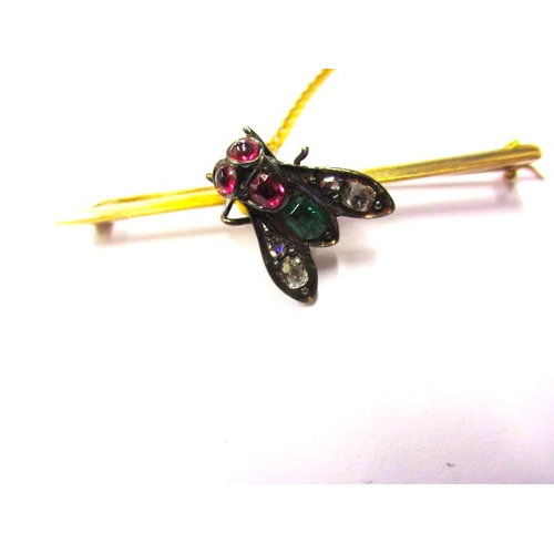 56 - A Victorian yellow gold fly brooch set with diamonds Rubies and an emerald, approx. weight 4.4g, unm... 