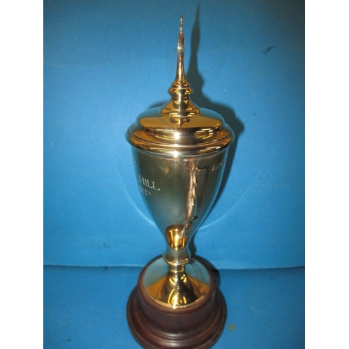 84 - A 9ct gold trophy on wood base, approx. weight of trophy without base 174g, having dedication but no... 