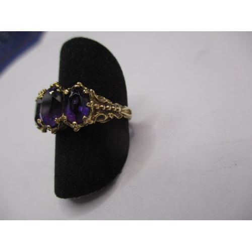 14 - A vintage 9ct gold ring with 3 large amethyst?, approx. ring size ‘O’, approx. weight 4g, in good pr... 