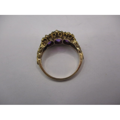 14 - A vintage 9ct gold ring with 3 large amethyst?, approx. ring size ‘O’, approx. weight 4g, in good pr... 