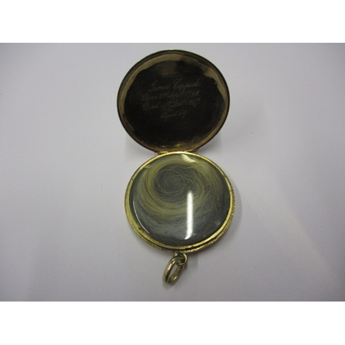 91 - A Victorian yellow metal memorial locket, inscribed James Copdock born 2nd Sept 1798, died 19th Dec ... 