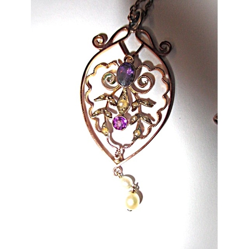 63 - An Edwardian 9ct gold necklace the pendant set with pearls and amethyst, approx. gross weight 5.4g, ... 