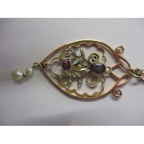 63 - An Edwardian 9ct gold necklace the pendant set with pearls and amethyst, approx. gross weight 5.4g, ... 