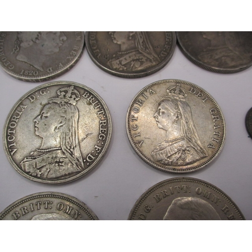 195 - A parcel of Georgian and later silver and part silver coins, mostly crowns, all circulated some with... 