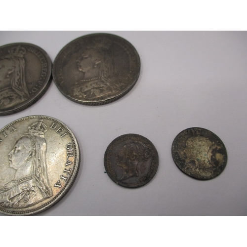 195 - A parcel of Georgian and later silver and part silver coins, mostly crowns, all circulated some with... 