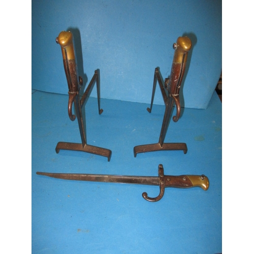 272 - Antique military bayonets formed in to a pair of fire side tool rests and one complete example used ... 