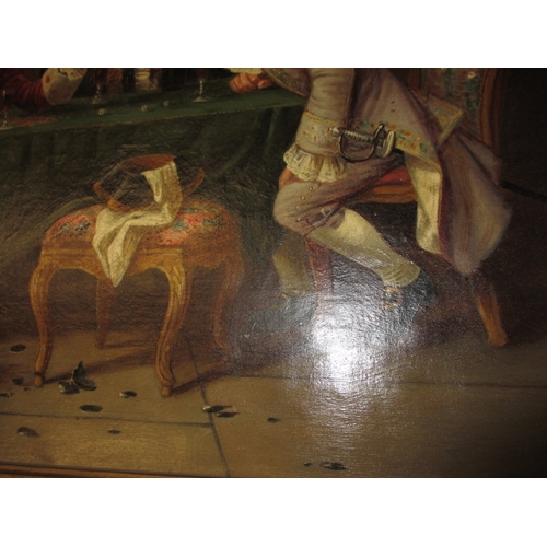 297 - A large gilt framed oil painting titled verso “A Game of Chance” signed H G Glindom? 1879, approx. f... 