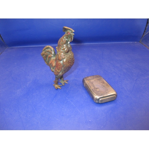 257 - A vintage novelty bronze cockerel vesta case and a later example, in useable pre-owned condition