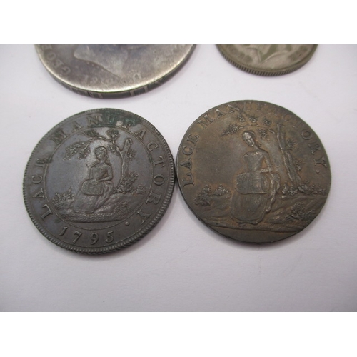 200 - A George III silver crown and two 18th century trade tokens from a lace maker, all in circulated con... 