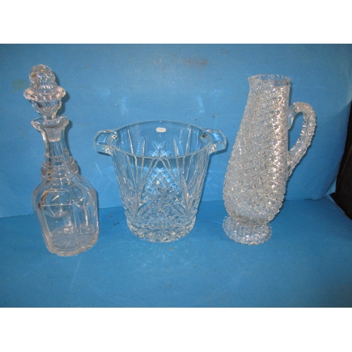 331 - A lead crystal bottle cooler bucket, a decanter and large water jug, all in good pre-owned condition... 