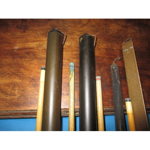 328 - 4 Vintage snooker cues, to include a Joe Davis club and a Peall Record cue, all one piece and in har... 