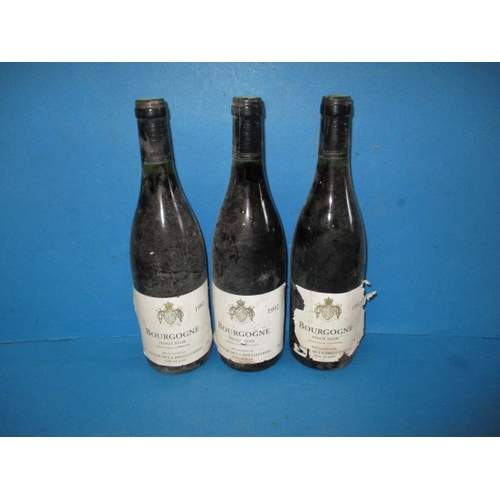 348 - Three bottles of 1992 Bourgogne Pinot Noir, 75cl all cellar stored