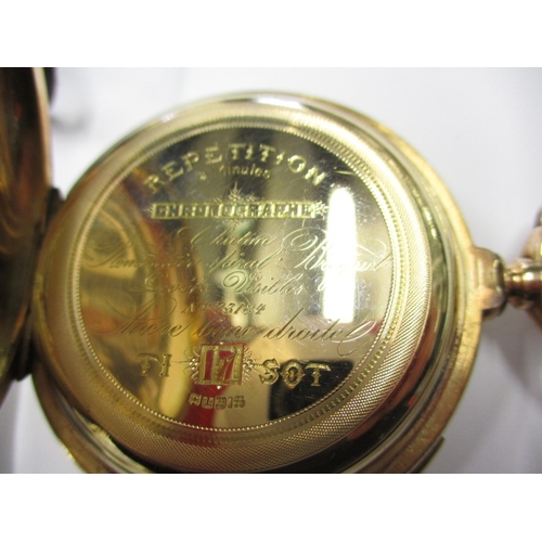 107 - A vintage 14ct gold cased Tissot minute repeating pocket watch, having a vacant cartouche and genera... 