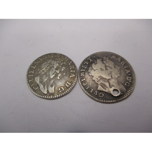 183 - Three William and Mary silver coins, to include a half crown dated 1693, a 4d dated 1690 (drilled) a... 