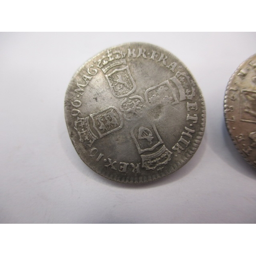 185 - 4 Antique silver coins, to include a William III sixpence dated 1696 a George III sixpence dated 178... 