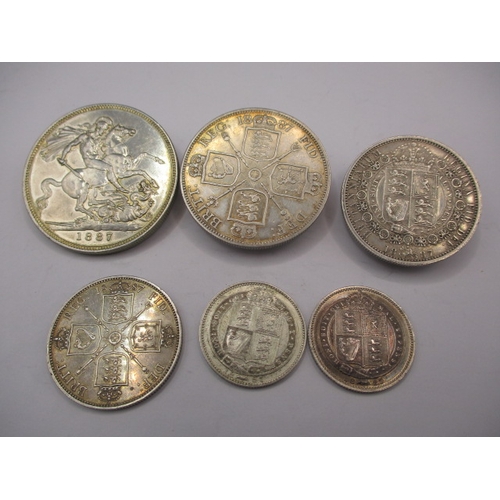 186 - 6 Victorian silver coins dated 1887,  to include Crown, Double Florin, half crown, Florin and shilli... 