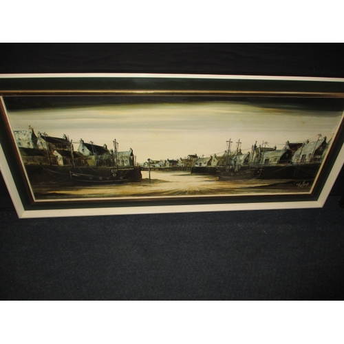 303 - A large oil painting  on canvas R Folland “Harbour quay” in original frame, signer lower right with ... 