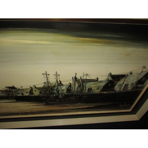 303 - A large oil painting  on canvas R Folland “Harbour quay” in original frame, signer lower right with ... 