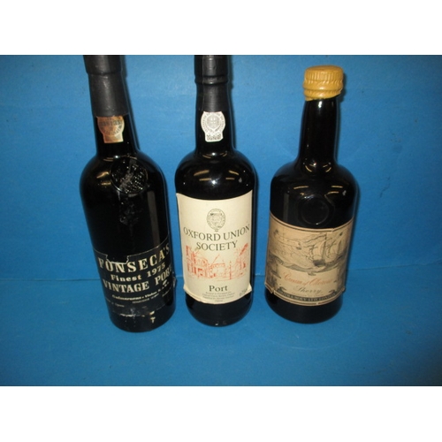 334 - Two bottles of port, Fonseca’s 1975 and an Oxford Union Society bottle, and a bottle of sherry, all ... 