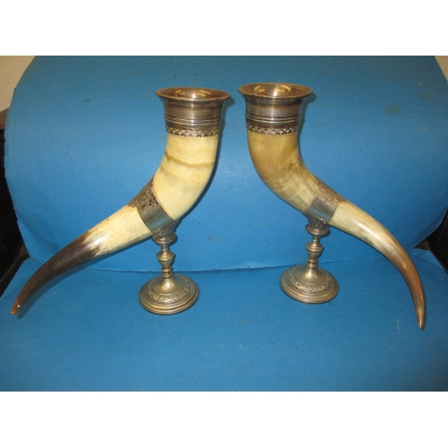 251 - A large pair of vintage WMF horn cornucopia desk ornaments, having plated mounts and vacant cartouch... 