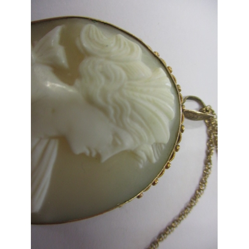 73 - A vintage Italian carved shell cameo with 9ct gold mount and chain, brooch pin missing, approx. gros... 