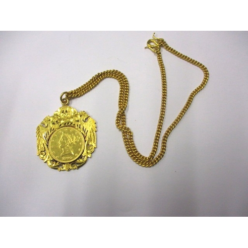 83 - An Indian gold necklace chain and pendant, the pendant having an 1895 American gold 10 dollar coin, ...