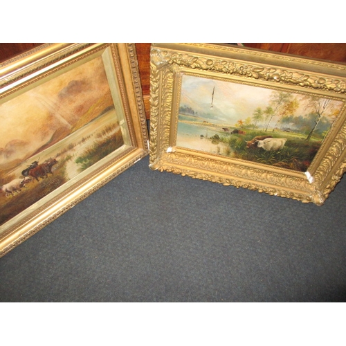 286 - Two antique oil paintings on canvas in gilt frames, both depiction cattle at waters edge, some damag... 