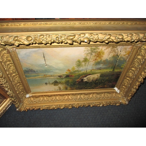 286 - Two antique oil paintings on canvas in gilt frames, both depiction cattle at waters edge, some damag... 