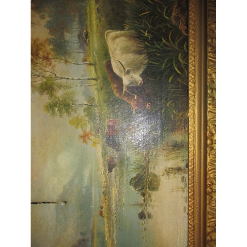 286 - Two antique oil paintings on canvas in gilt frames, both depiction cattle at waters edge, some damag... 