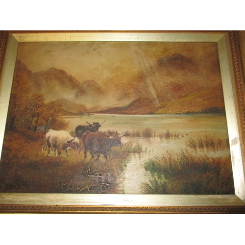 286 - Two antique oil paintings on canvas in gilt frames, both depiction cattle at waters edge, some damag... 