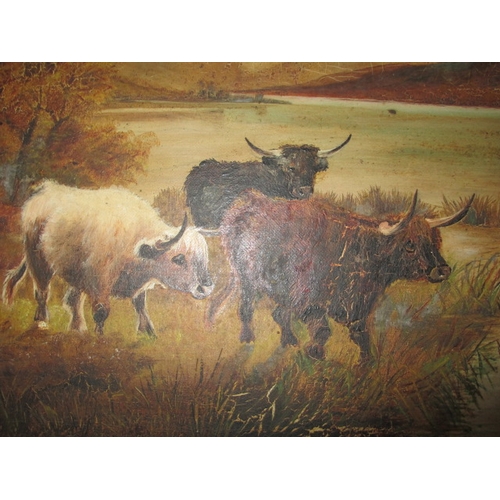 286 - Two antique oil paintings on canvas in gilt frames, both depiction cattle at waters edge, some damag... 