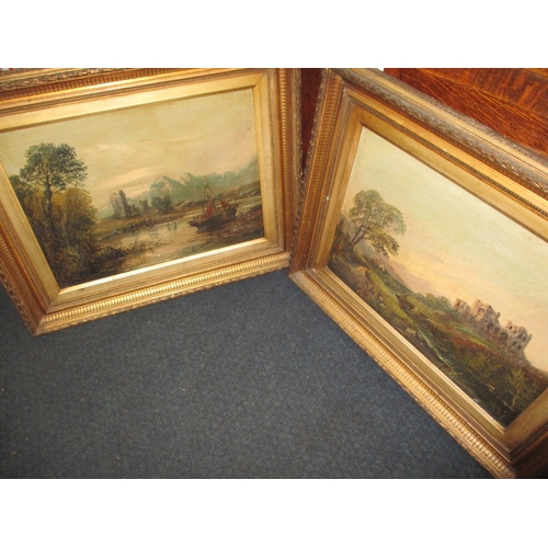 287 - Two antique oil paintings on canvas in gilt frames, both signed and depiction castles on river, appr... 