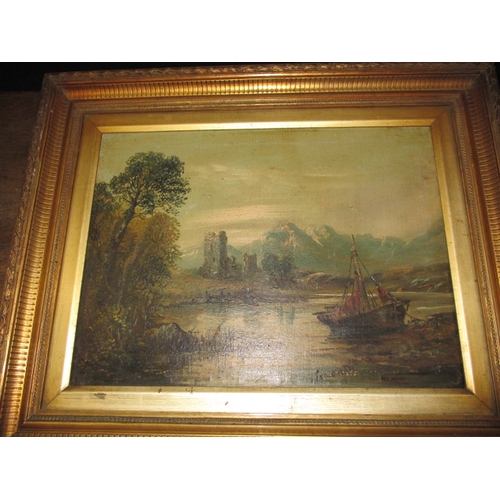 287 - Two antique oil paintings on canvas in gilt frames, both signed and depiction castles on river, appr... 