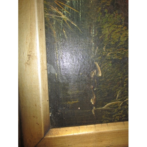 287 - Two antique oil paintings on canvas in gilt frames, both signed and depiction castles on river, appr... 