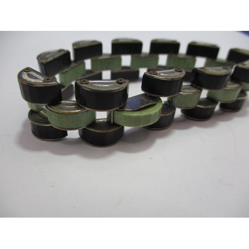 170 - A vintage art deco bracelet, with black and green 'phenolic/bakelite/lucite' panels, working order w... 