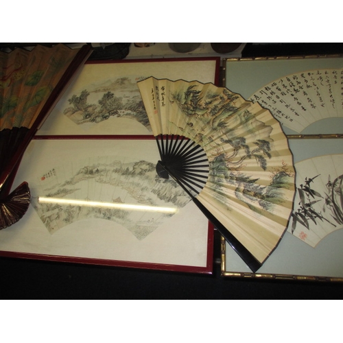 289 - Four framed Japanese fan papers and 2 complete fans, all hand painted, approx. size of largest frame... 