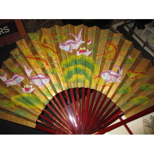 289 - Four framed Japanese fan papers and 2 complete fans, all hand painted, approx. size of largest frame... 