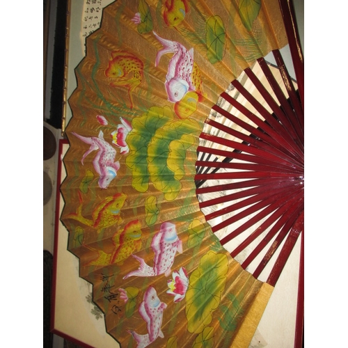 289 - Four framed Japanese fan papers and 2 complete fans, all hand painted, approx. size of largest frame... 