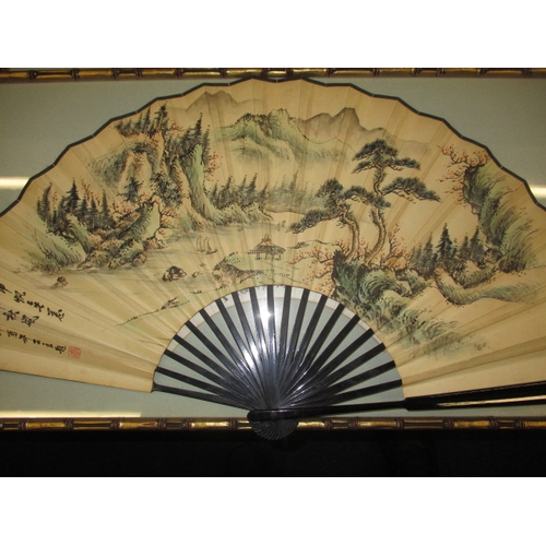 289 - Four framed Japanese fan papers and 2 complete fans, all hand painted, approx. size of largest frame... 