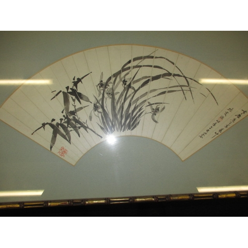 289 - Four framed Japanese fan papers and 2 complete fans, all hand painted, approx. size of largest frame... 