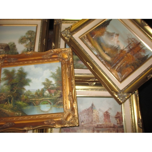 1 - A large quantity of gilt framed pictures, most painted on canvas, various sizes, all in useable pre-... 