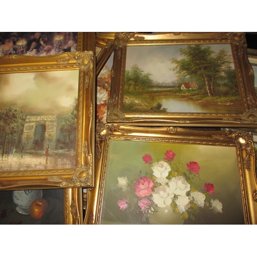 1 - A large quantity of gilt framed pictures, most painted on canvas, various sizes, all in useable pre-... 